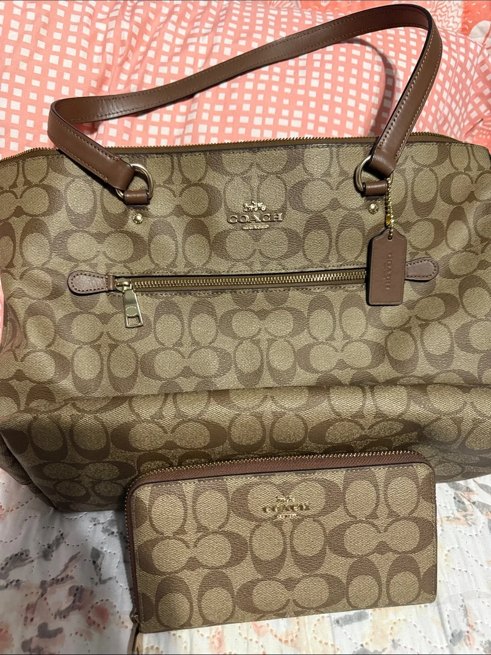 Coach Brown Signature Canvas Tote with Matching Wallet